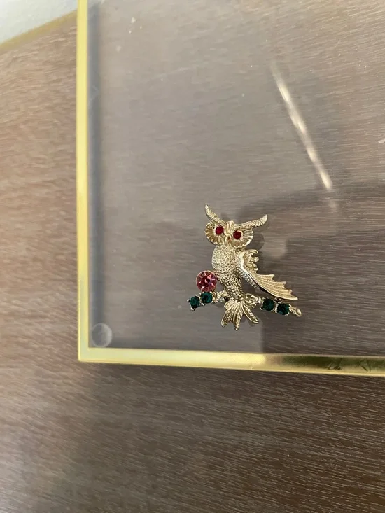 Artisan Gold Owl Brooch with Pink and Green Stones - Picture 6 of 7